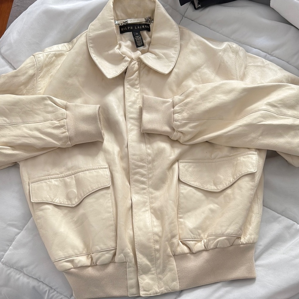 Ralph Lauren Black Label Cream Ivory Off White Leather and Silk Bomber Jacket 10